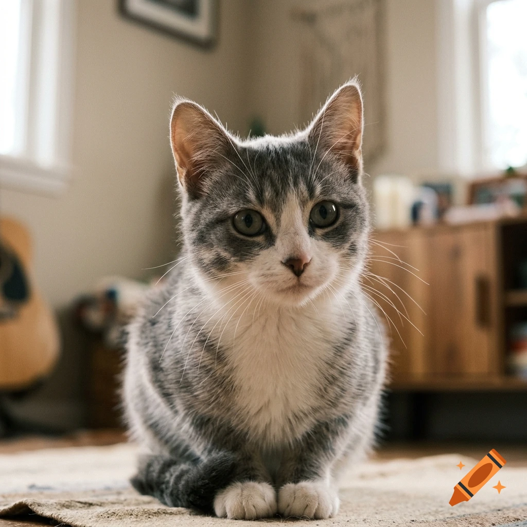 A close-up photorealistic portrait of a grey and white tabby cat sitting on a rug indoors.