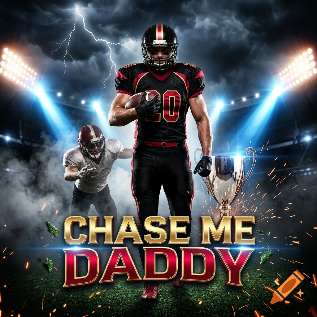 Fantasy football graphic featuring a dominant player in black and red uniform holding a football, with a trophy and bold text 'CHASE ME DADDY'.