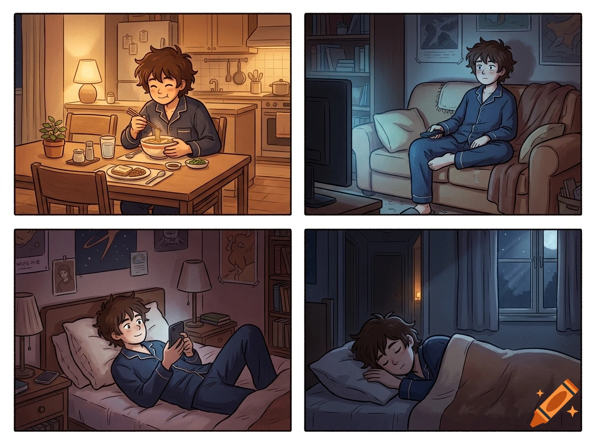 Four-panel comic illustration of a young man in pajamas eating ramen, watching TV, checking his phone in bed, and sleeping.