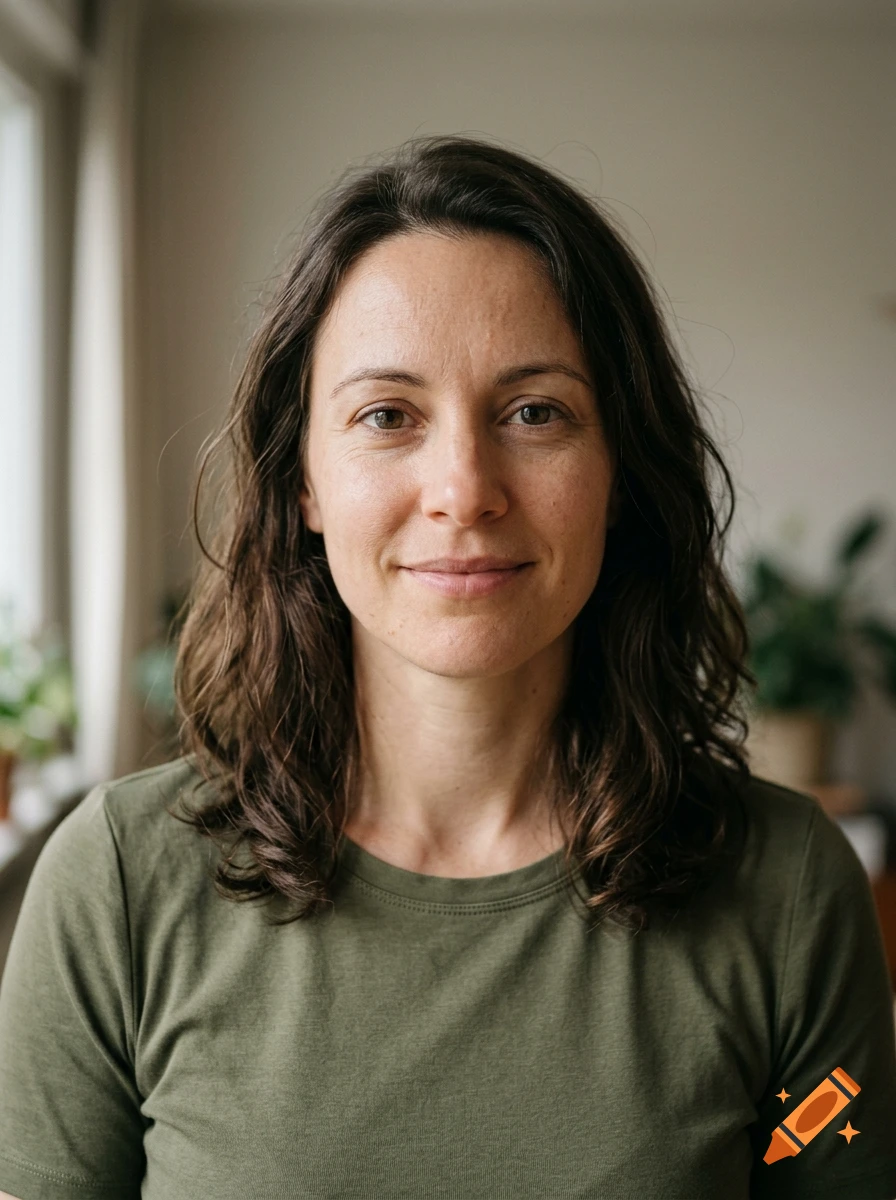 Close-up portrait of a woman with long dark wavy hair and light skin, wearing a green t-shirt and smiling gently.