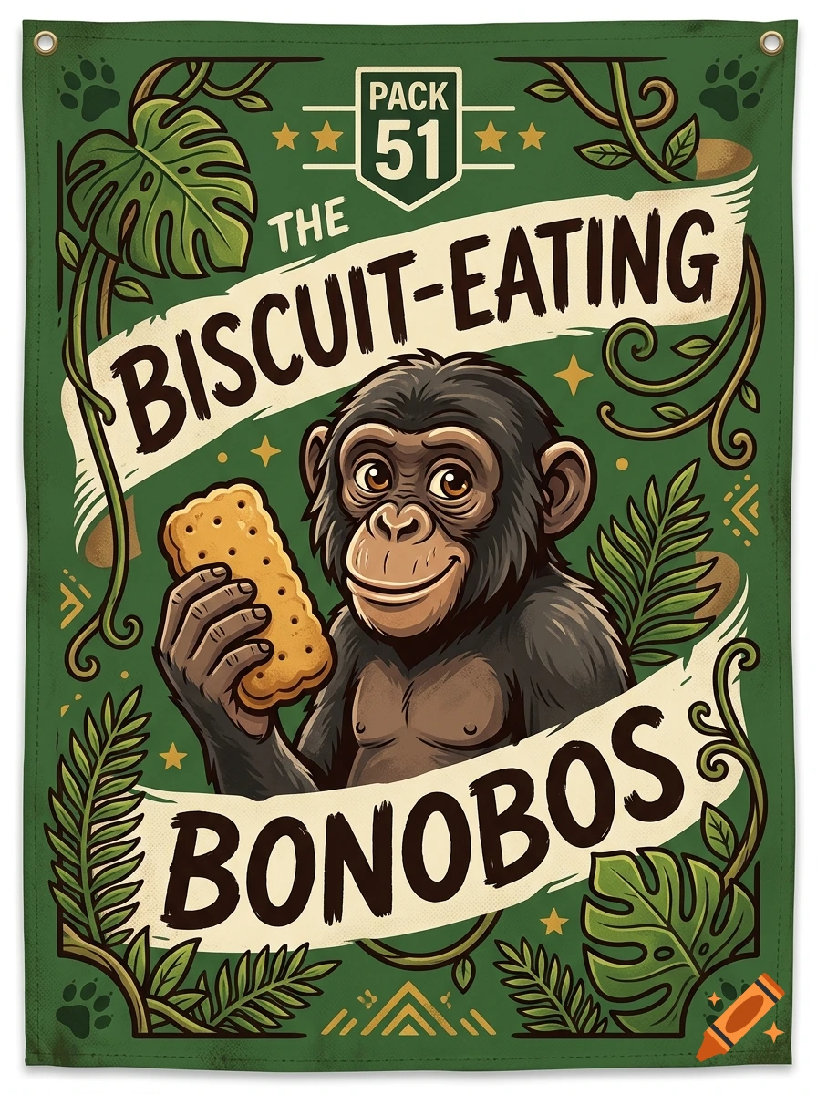Scouts patrol flag featuring a cartoon chimpanzee holding a cracker, surrounded by jungle leaves, with text reading PACK 51 THE BISCUIT-EATING BONOBOS.