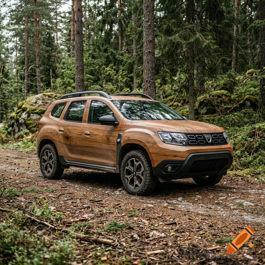 Photorealistic Dacia Duster SUV with a wooden body finish parked on a dirt path in a pine forest.