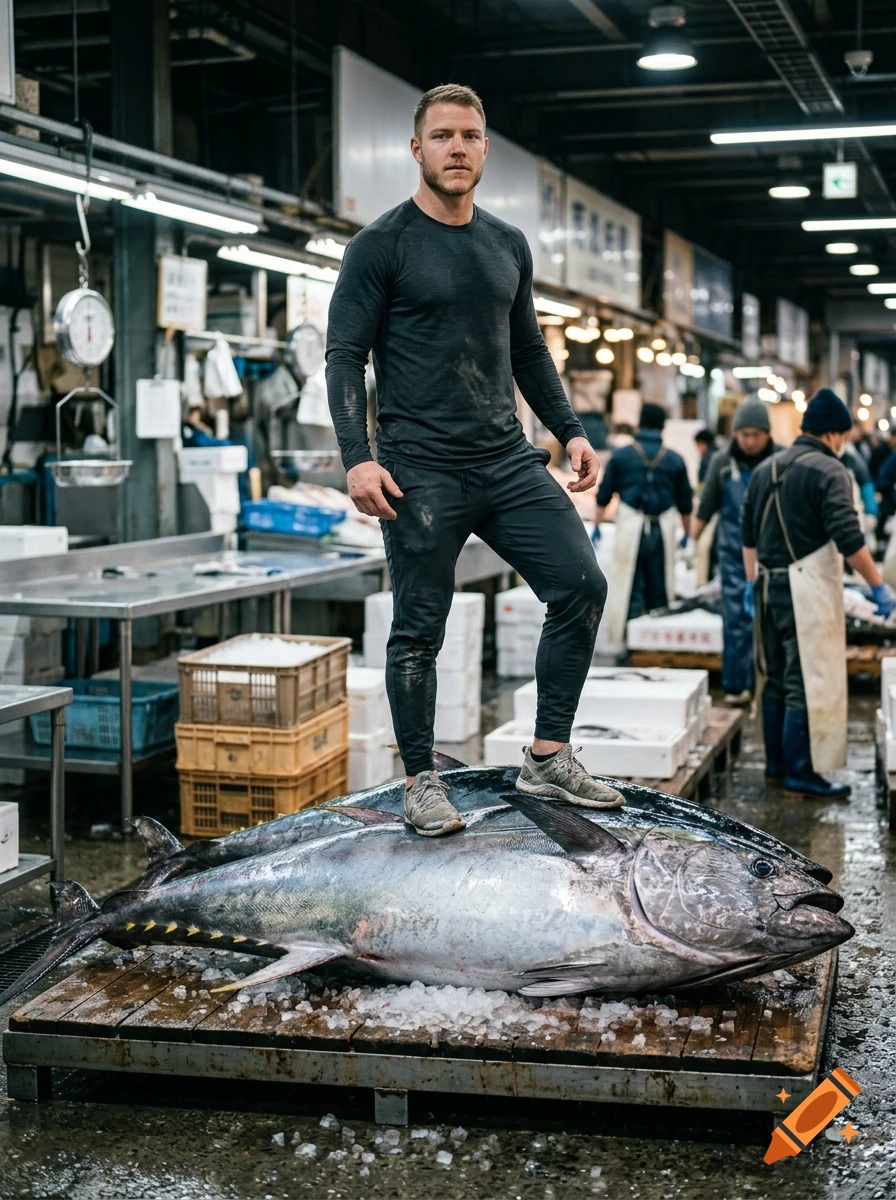 Photorealistic image of a man standing on top of a giant tuna fish in a fish market.