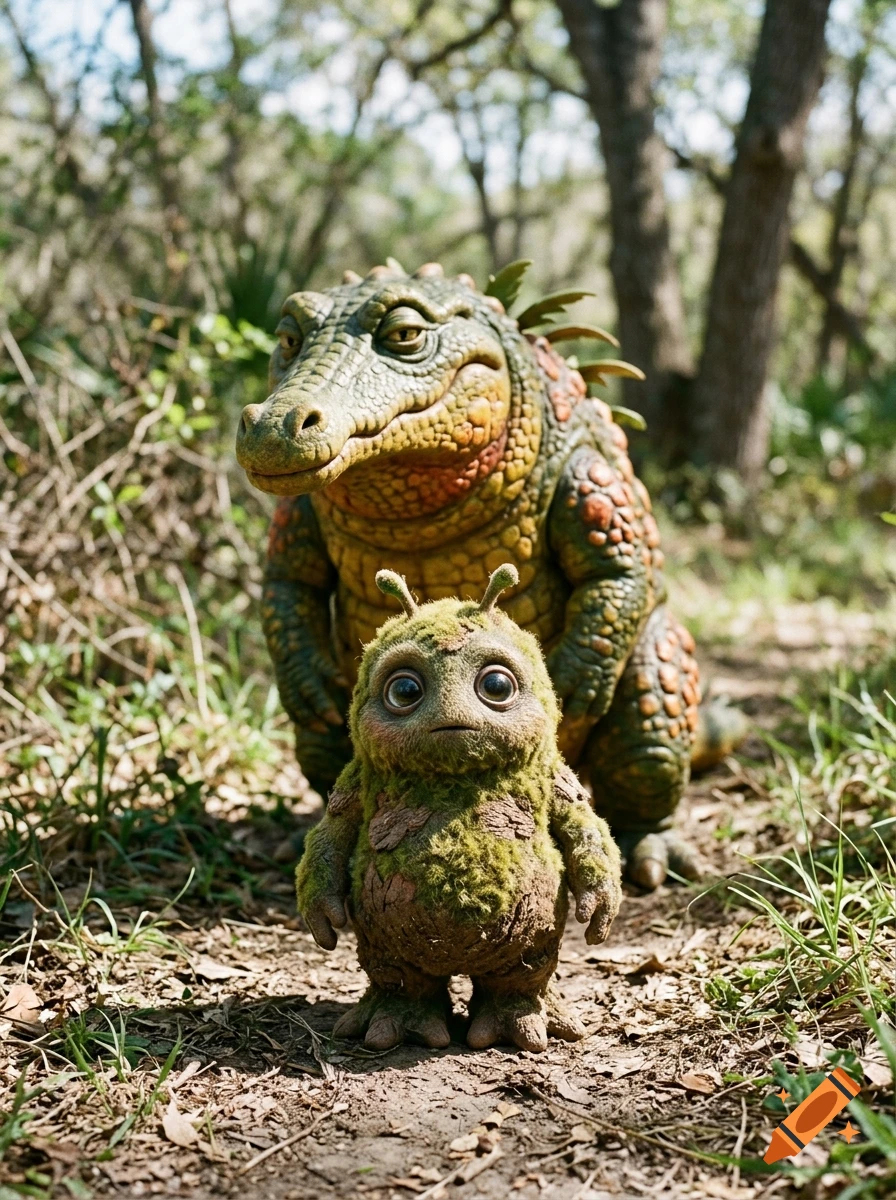 Photorealistic image of a small mossy creature walking in front of a larger crocodile-like monster on a forest path.