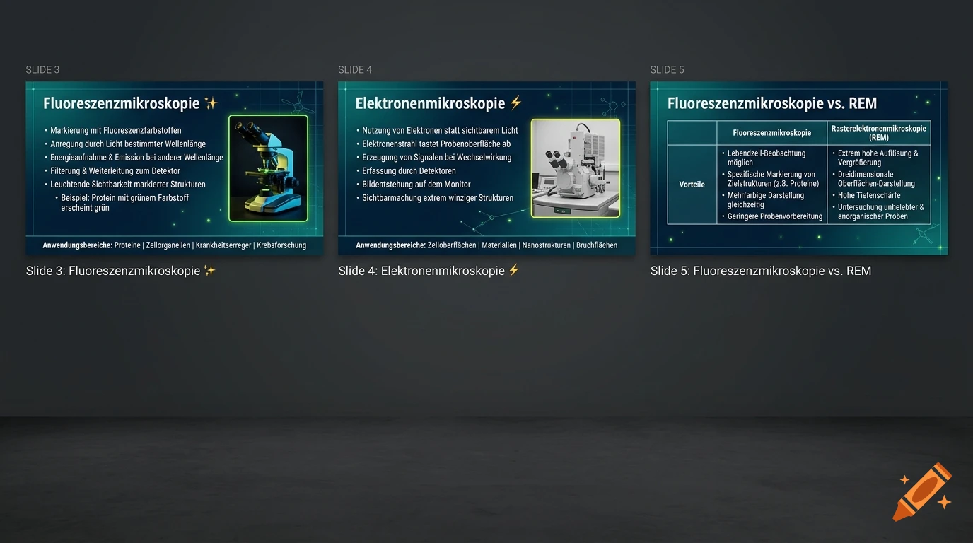 Three presentation slides about fluorescence microscopy and electron microscopy with bullet points and images.