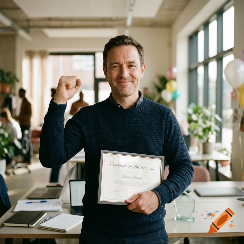 Photorealistic portrait of a proud man holding a certificate of achievement in an office setting.