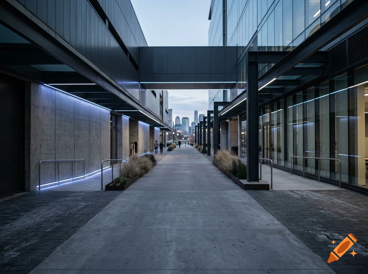 Modern architectural walkway between glass and concrete buildings with distant city skyline during dusk.