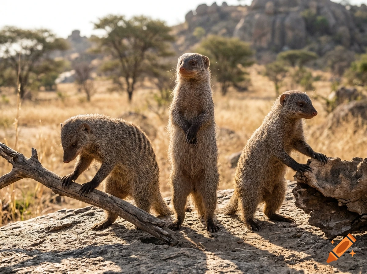 Three mongooses standing on a rocky ground in an open African savanna with scattered trees and rocks in the background.