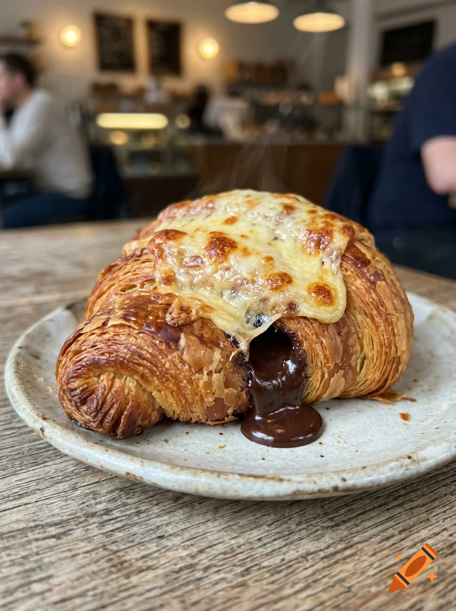 A close-up shot of a warm, flaky croissant topped with melted cheese, with molten chocolate oozing out of the center, served on a white plate in a cafe.