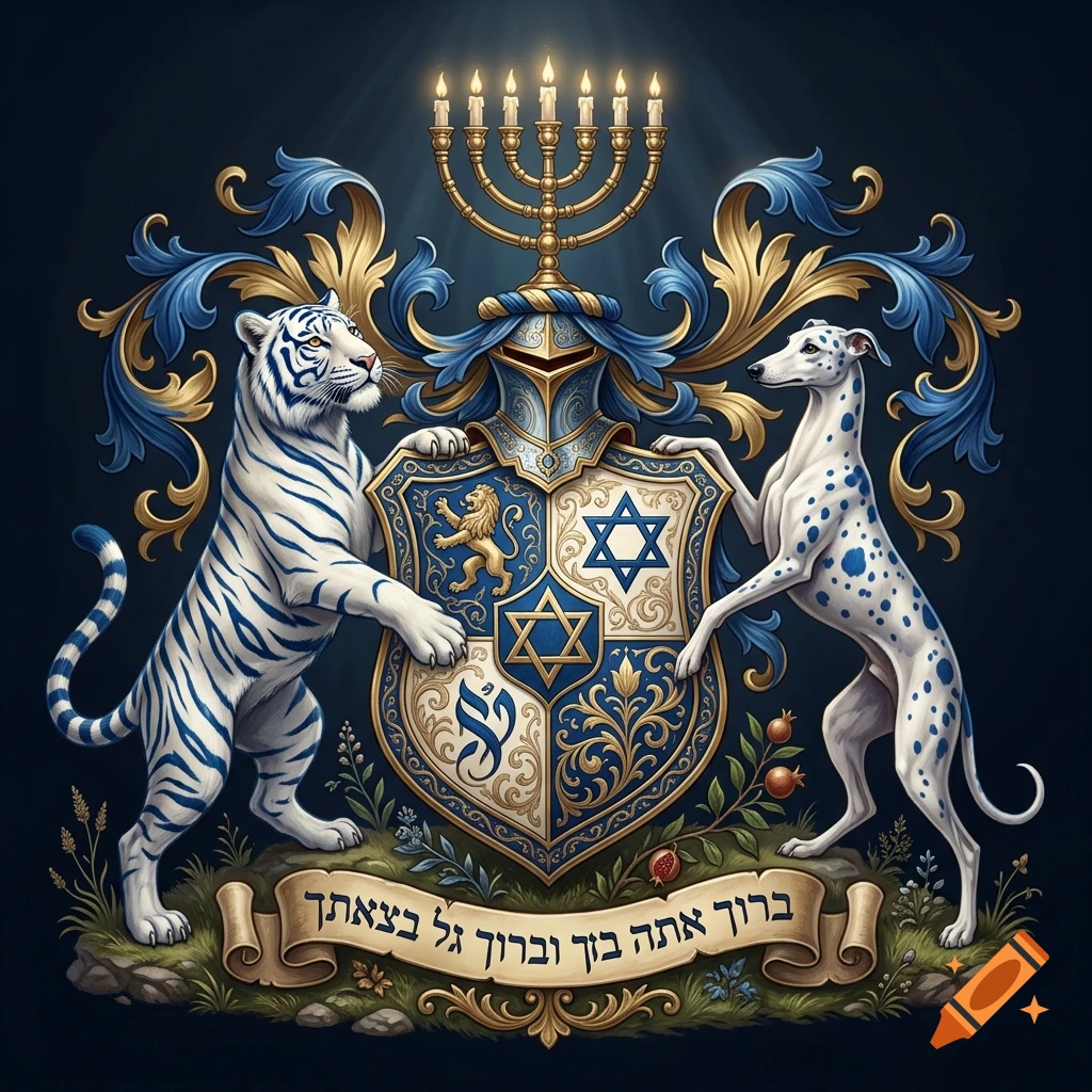 Digital illustration of a Jewish coat of arms featuring a white tiger with blue stripes, a spotted greyhound, a menorah crest, and a shield.