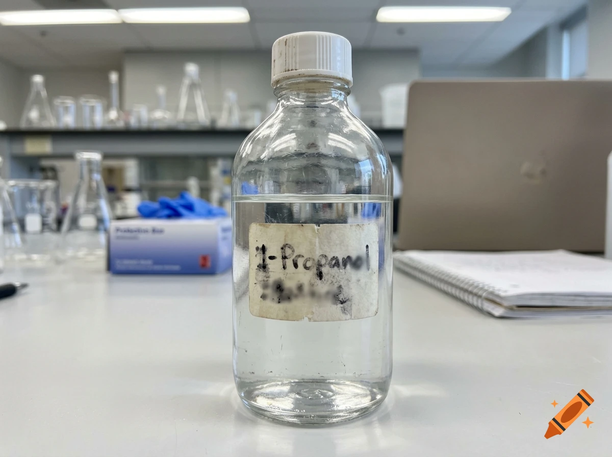 Close-up of a glass bottle labeled '1-Propanol' on a white lab table in a chemistry laboratory setting.