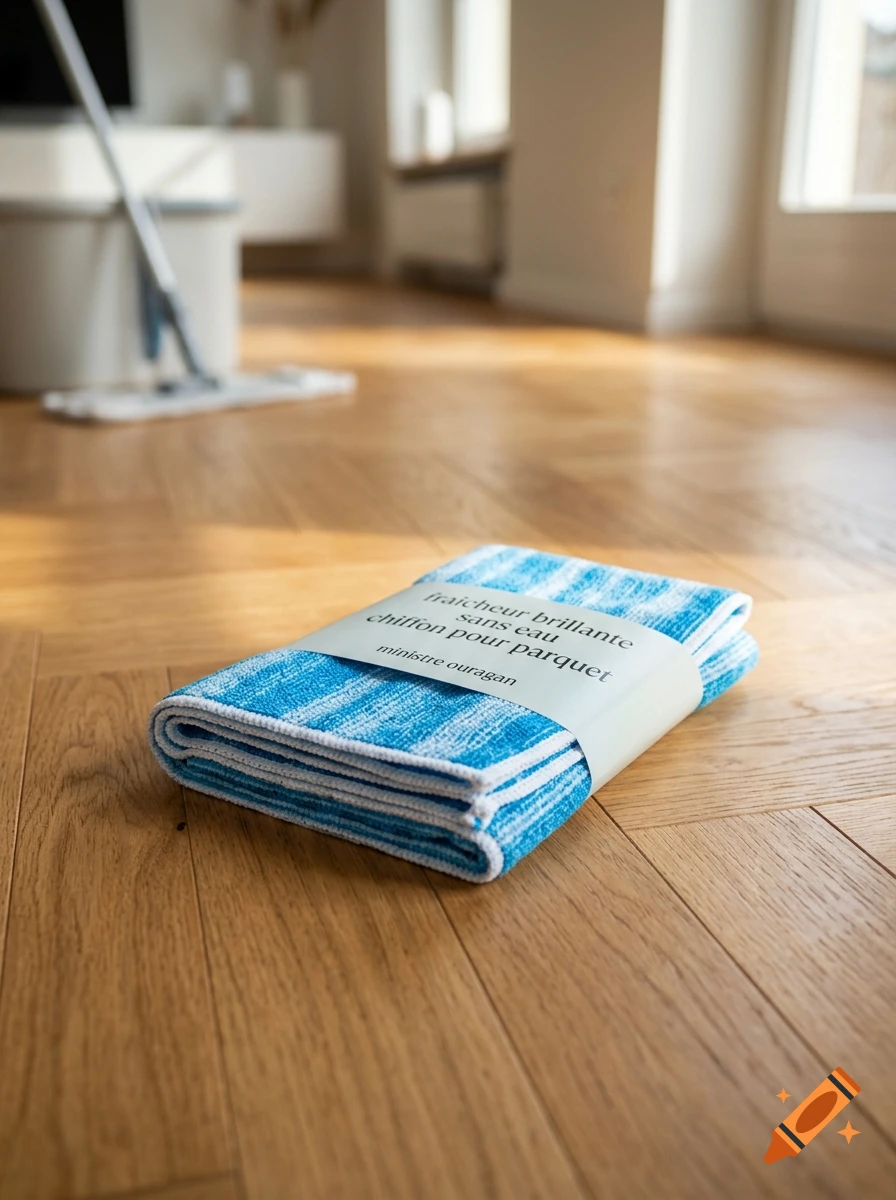 Folded blue and white microfiber cleaning cloth with a paper band on a wooden floor.