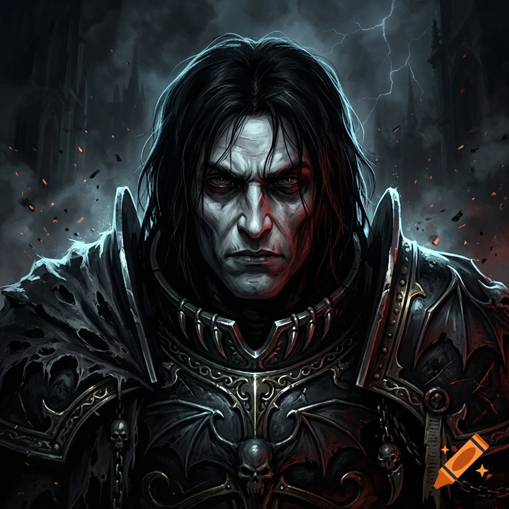 A close-up portrait of a stern-faced male warrior with dark hair, wearing ornate, gothic armor adorned with skulls, set against a stormy, dark background with lightning.