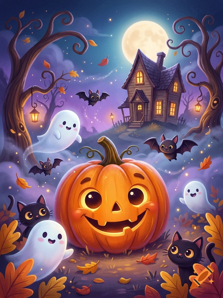 Digital illustration of a cheerful Halloween scene with a central carved pumpkin, cute ghosts, black cats, bats, and a haunted house under a full moon.