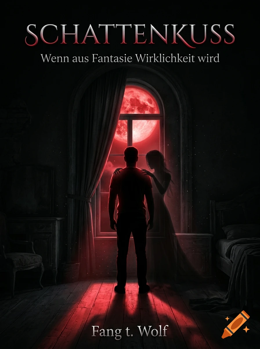 Dark fantasy book cover with a man looking out a window at a red moon and a ghostly female silhouette touching his shoulders.