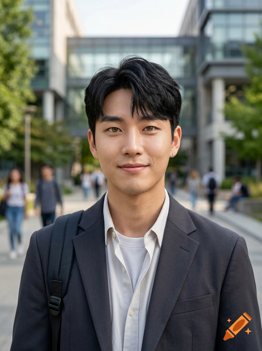 Photorealistic portrait of a young Korean man with black hair and hazel eyes, wearing a dark blazer, outdoors on a campus.