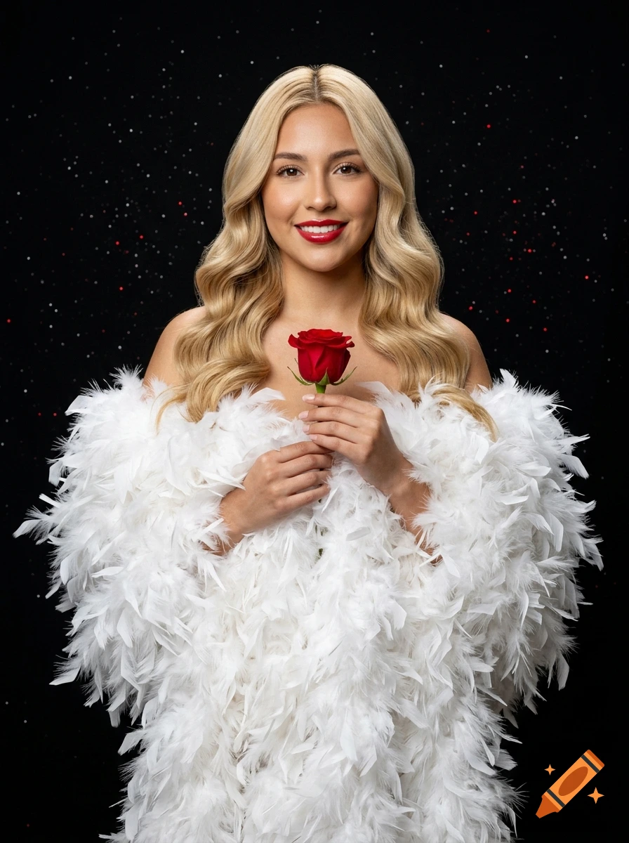 Photorealistic portrait of a young blonde woman holding a red rose, wearing a white feather boa against a black glitter background.