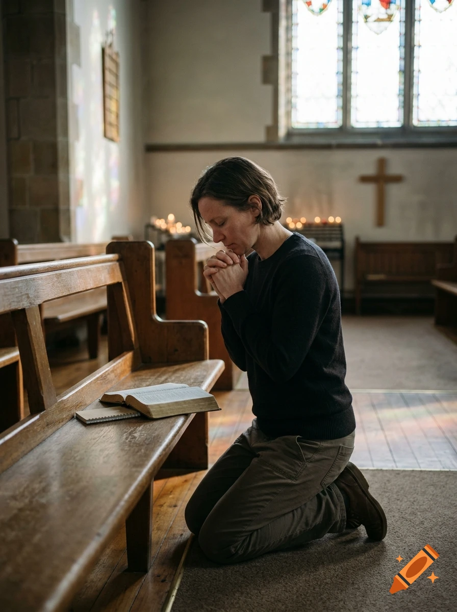 A person kneeling in prayer beside a wooden pew inside a church with an open book resting on the seat.