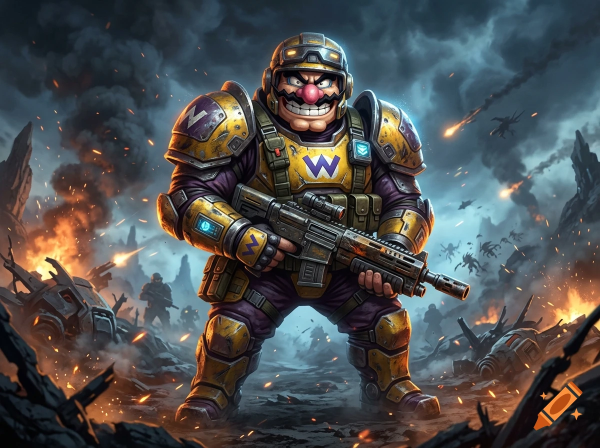 Wario dressed in Helldivers armor holding a rifle amidst a war-torn landscape, digital illustration style.