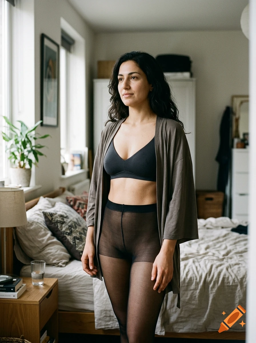 A woman with dark hair stands in a bedroom wearing a black bra, sheer black tights, and an open grey cardigan, with a bed and window visible in the background.