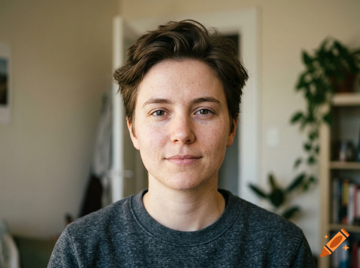 Close-up photorealistic portrait of a person with short brown hair and a grey sweater, looking directly at the camera.