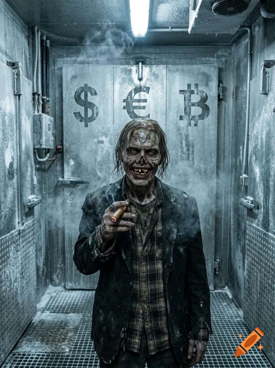 Photorealistic image of a grinning zombie in a cold storage room, holding a cigar, standing in front of a door with currency symbols.