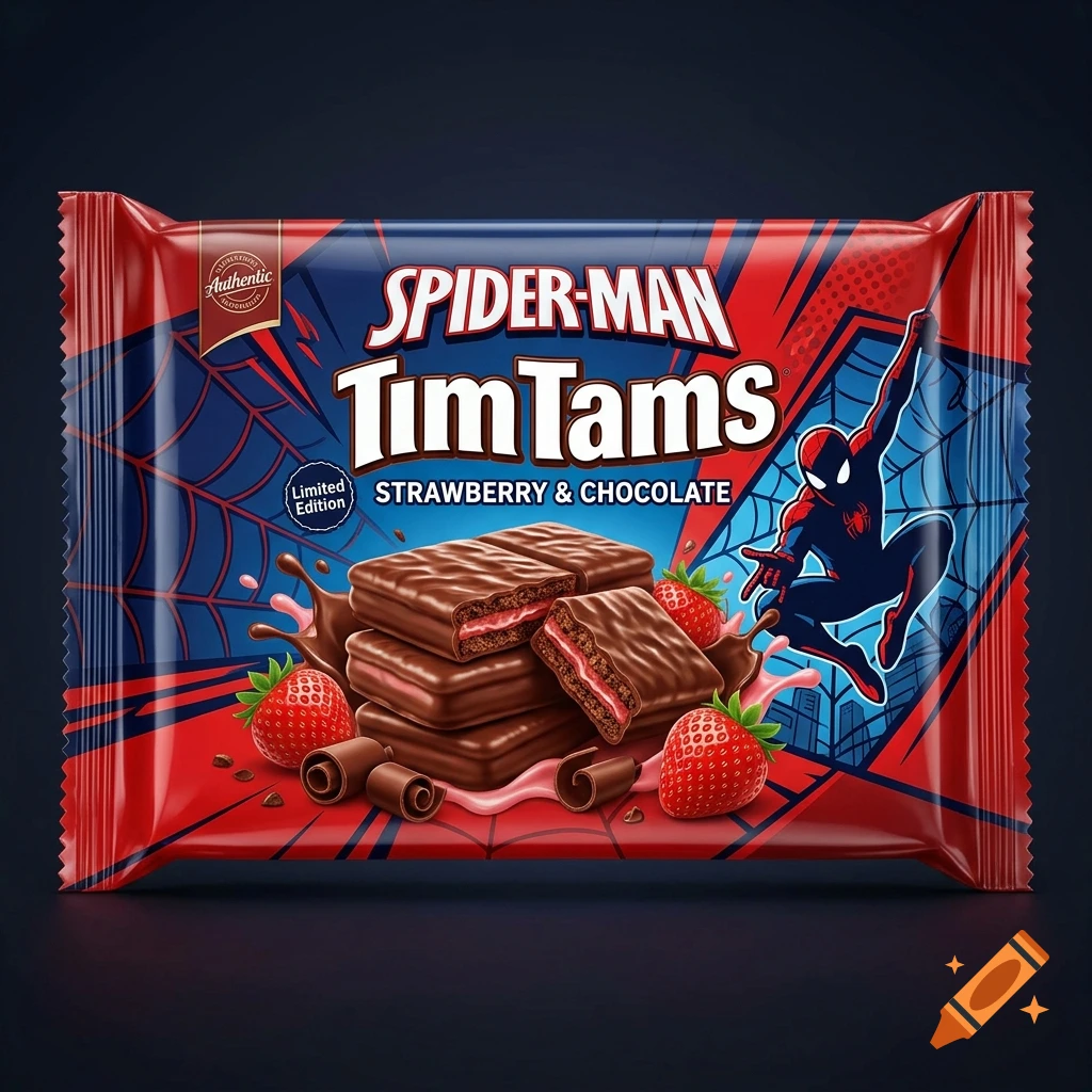 A package of Spider-Man themed Tim Tams featuring strawberry and chocolate biscuits, with Spider-Man graphics and fresh strawberries.