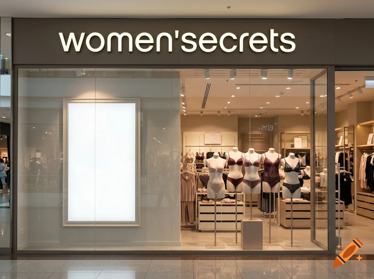 Photorealistic storefront of a lingerie shop with the lit sign women'ssecrets, a blank poster, and mannequins displaying underwear.