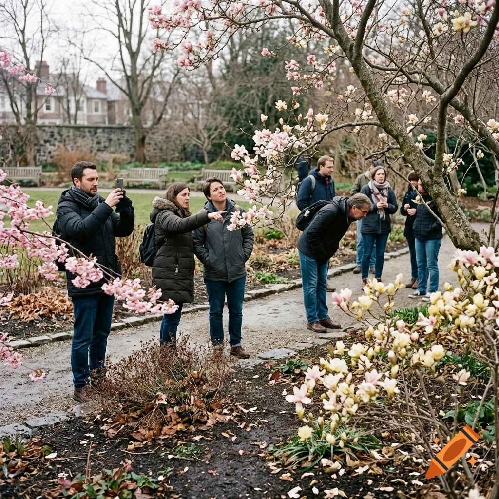 People in winter coats looking at blooming spring flowers on a tree in a park.