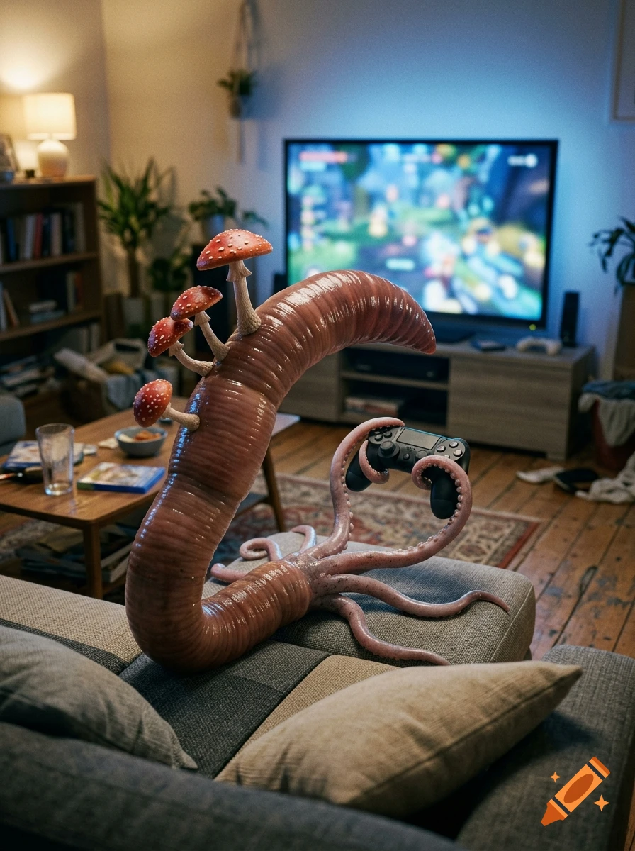 Photorealistic image of a large worm with mushroom caps on its back and tentacles holding a game controller, sitting on a living room sofa.