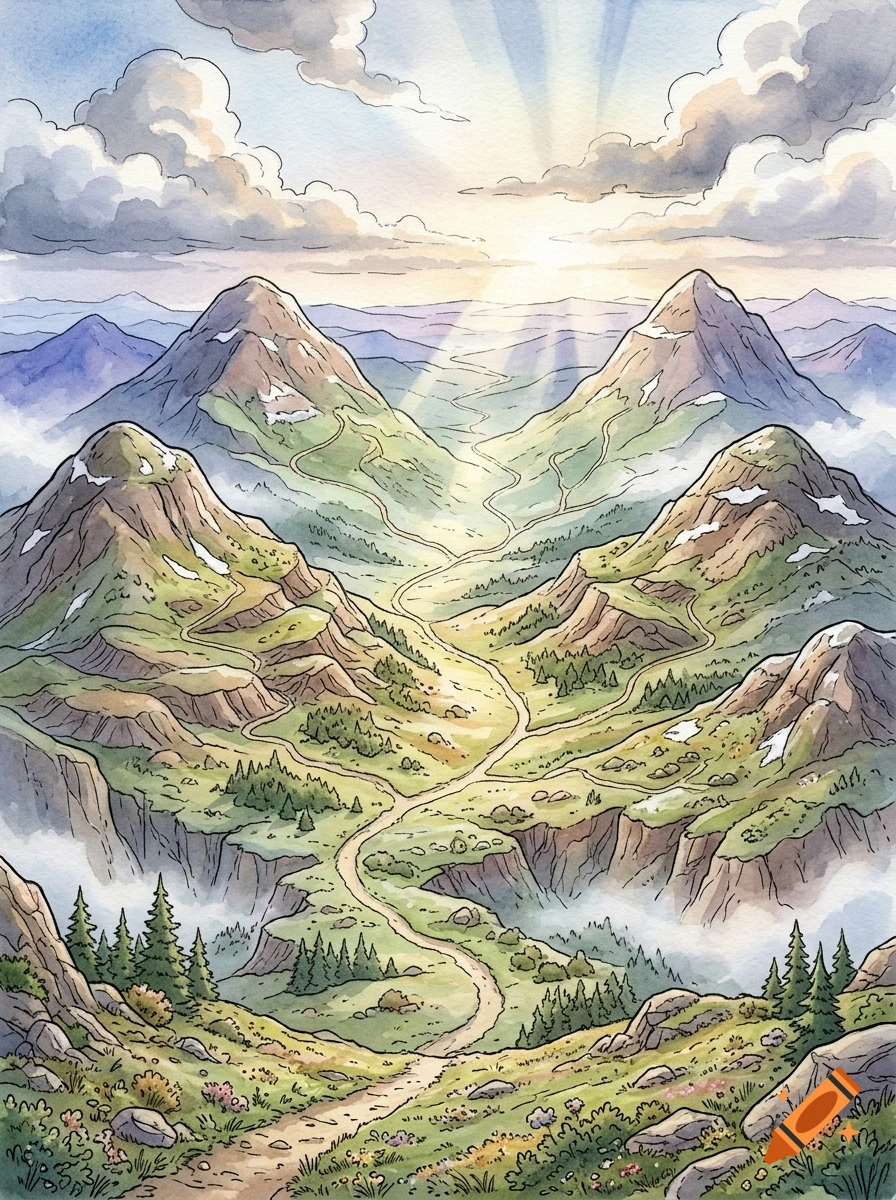 Watercolor comic illustration of a mountainous landscape with a central valley and winding path leading towards the sun.