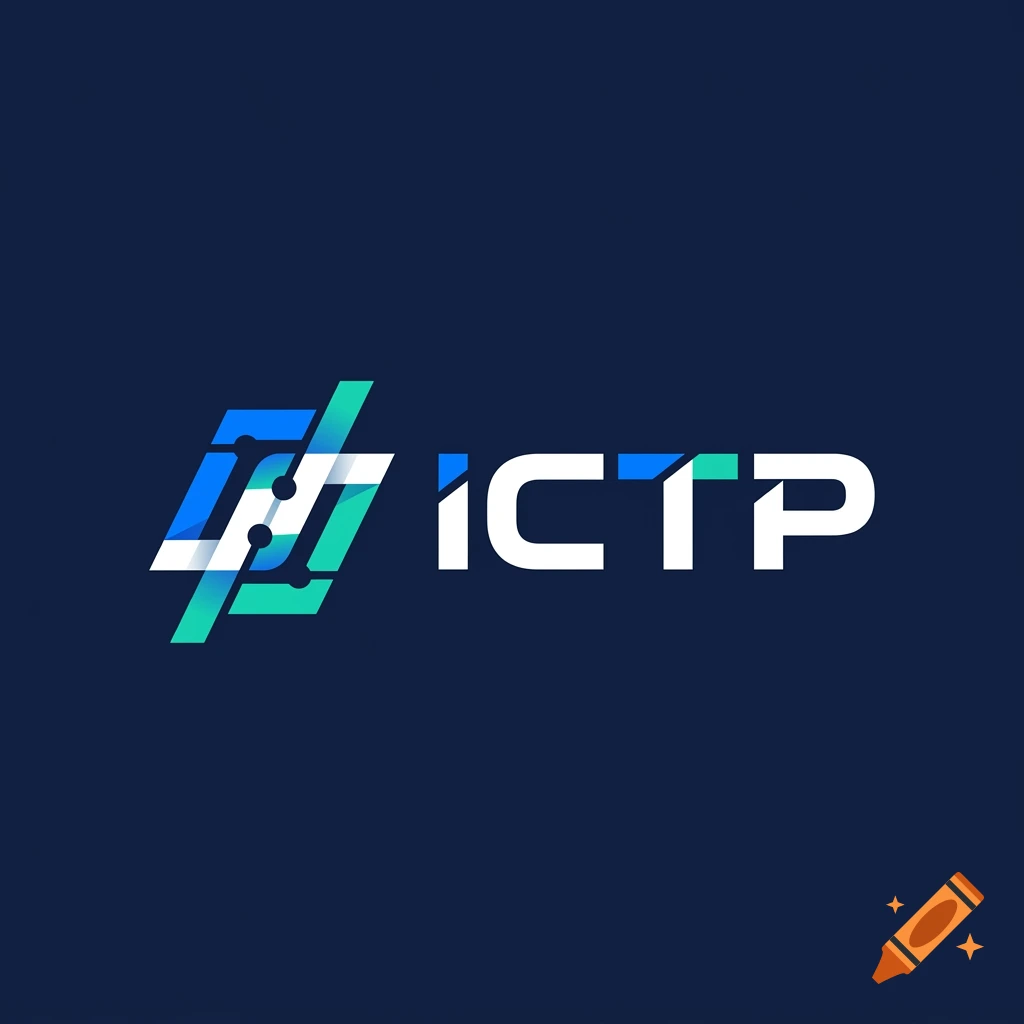 Modern logo for ICTP with abstract blue and green geometric shapes on a dark blue background.