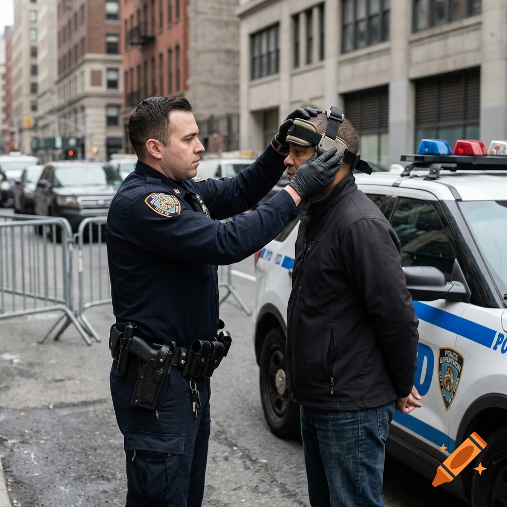A police officer adjusting a headpiece on a man standing outside next to a patrol car on a city street.