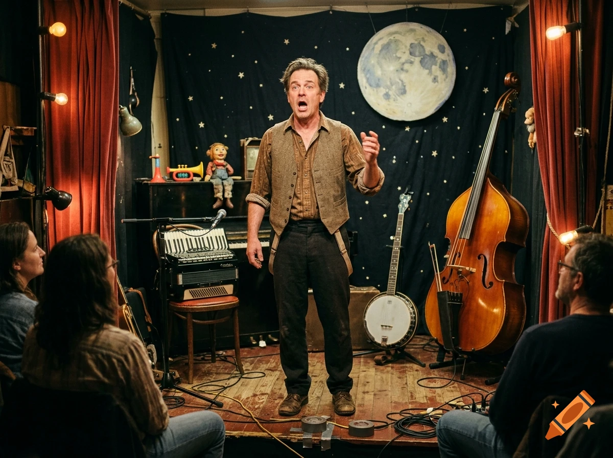 A man singing dramatically on a small stage with an accordion, banjo, and upright bass, surrounded by an audience in a rustic room.