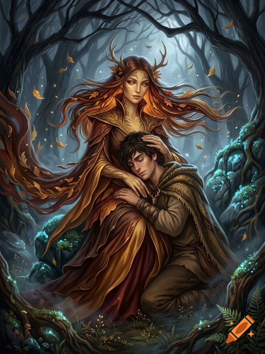 An ethereal archfey woman with antlers embracing a young man in a dark, glowing forest. Painterly digital fantasy art.