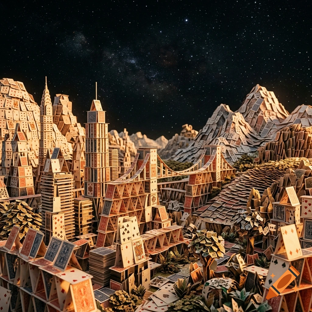 A fantasy landscape and city built entirely out of playing cards under a starry night sky.