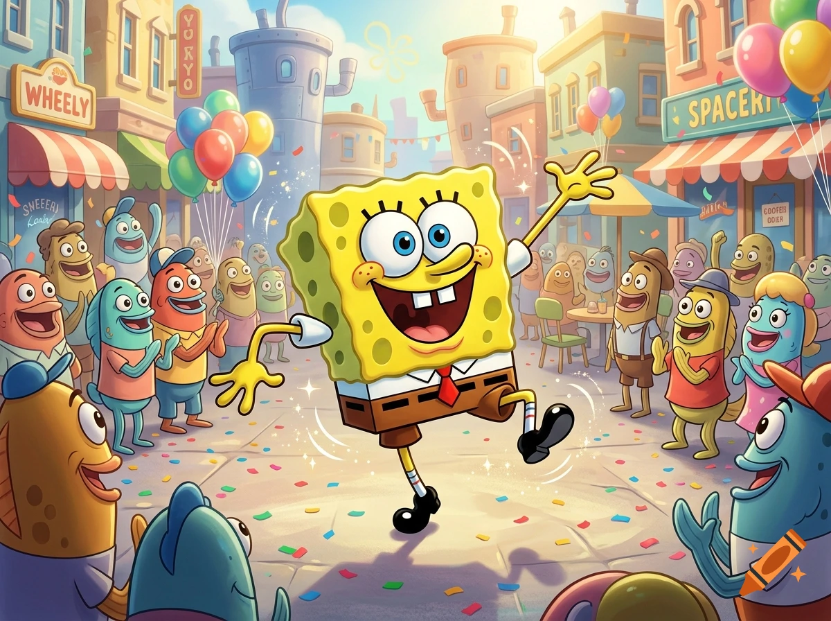 Digital illustration of SpongeBob SquarePants dancing joyfully in a crowded street with cheering fish characters under confetti.