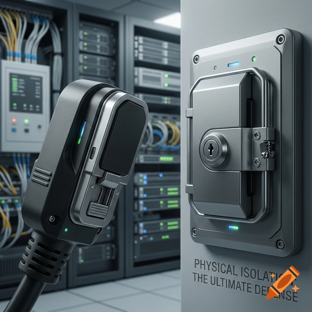Photorealistic close-up of a server rack with a large locking mechanism and a specialized cable plug, featuring the text 'PHYSICAL ISOLATION: THE ULTIMATE DEFENSE'.