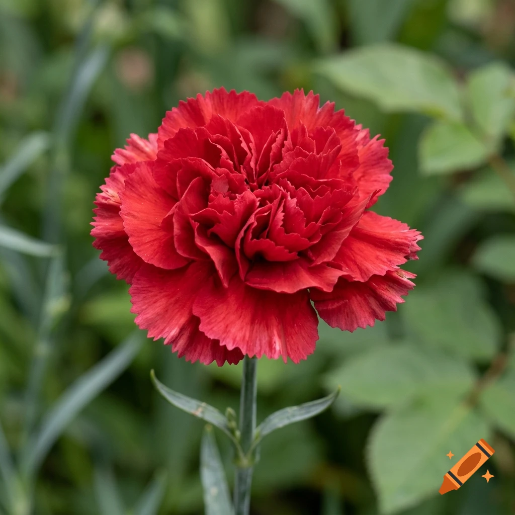 Close-up photograph of a vibrant red carnation flower in full bloom with a blurred green natural background.
