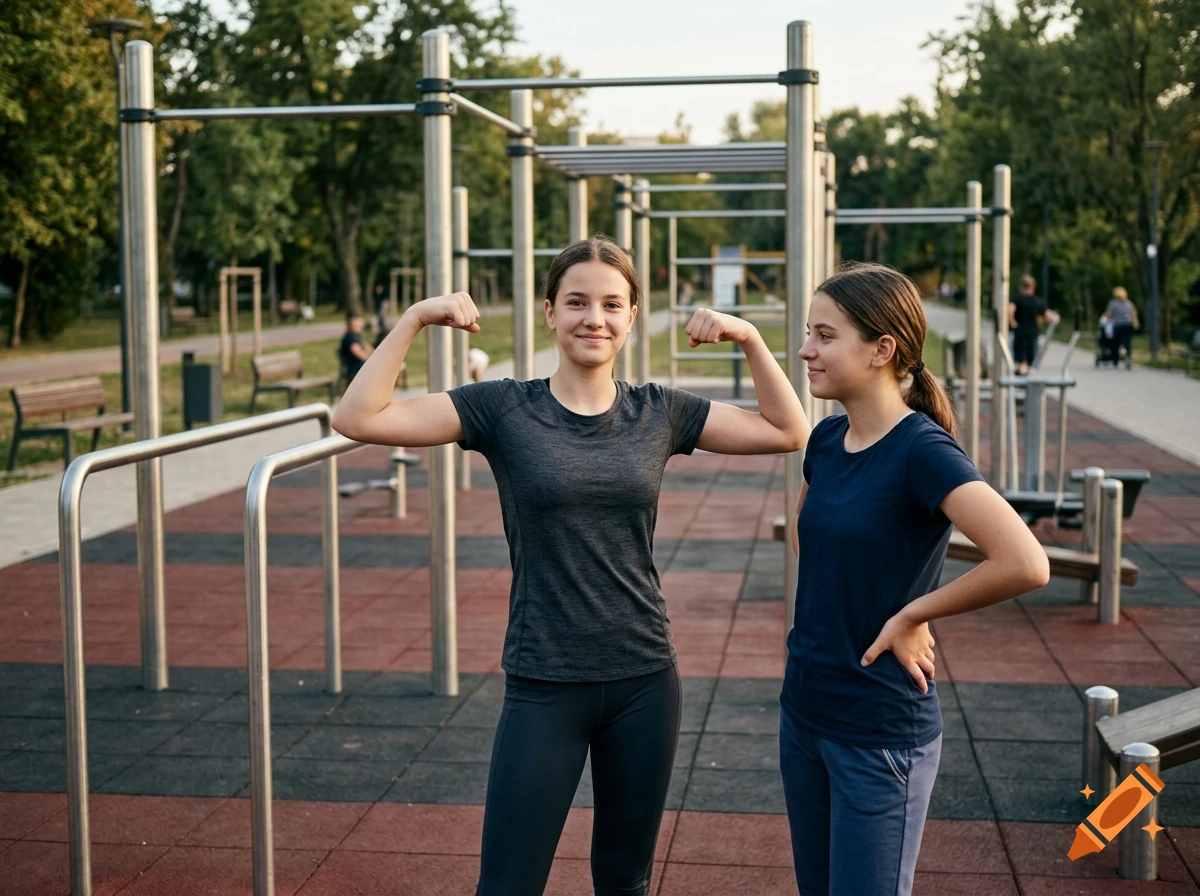 Two teenage girls posing at an outdoor calisthenics gym in a park, photorealistic.