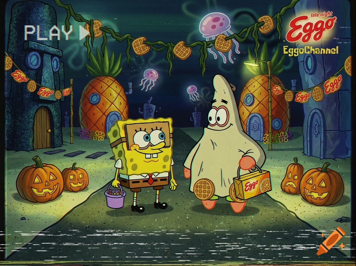 VHS-style retro cartoon image of SpongeBob and Patrick trick-or-treating in front of pineapple houses with Eggo branding.