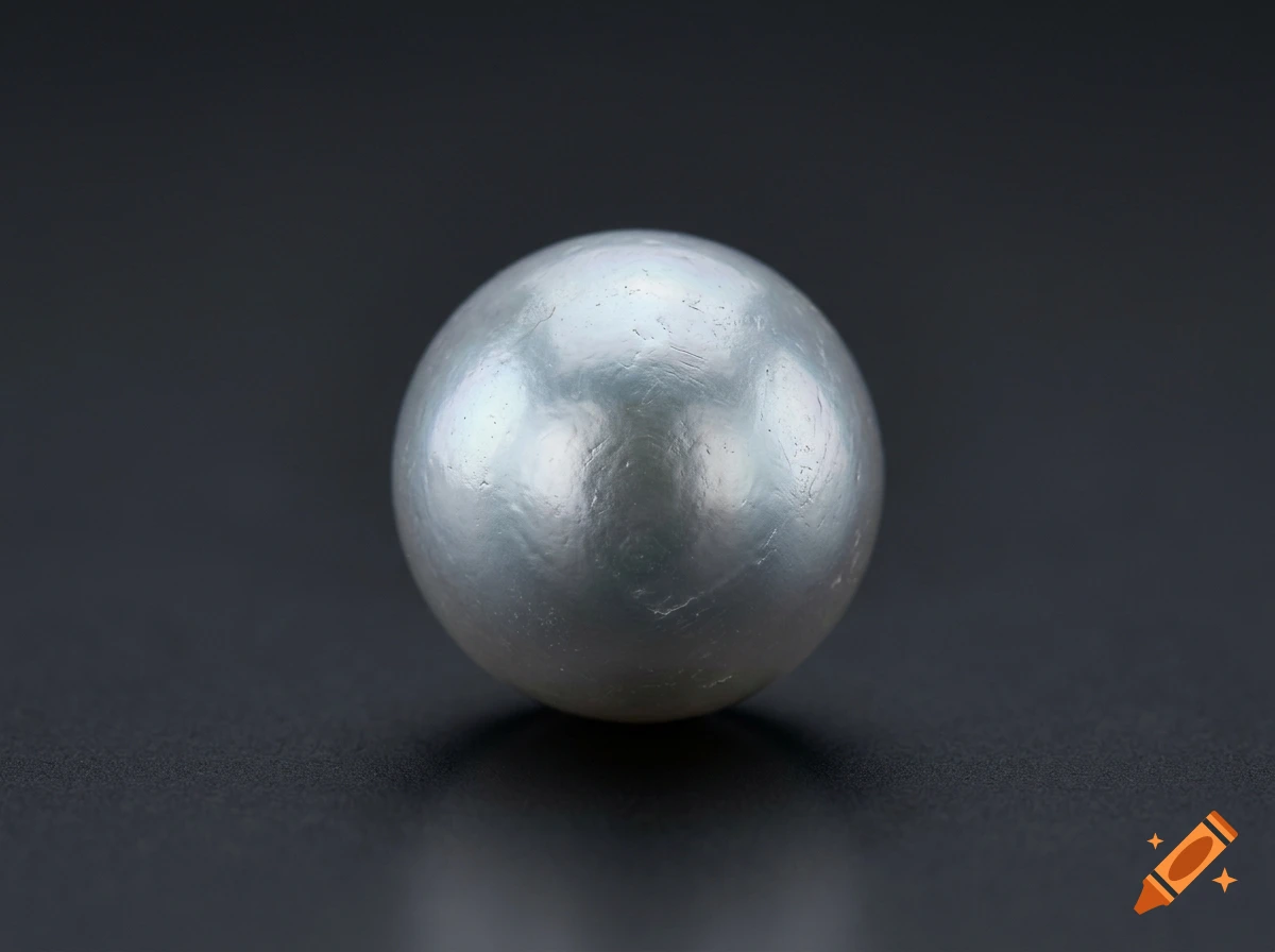 Photorealistic close-up of a single silver pearl resting on a dark reflective surface.