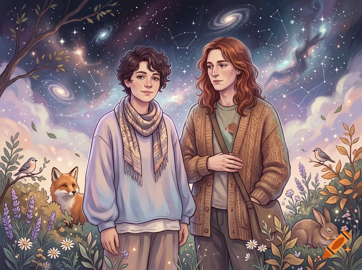 Digital illustration of two adults standing together in a natural setting with flowers and animals, against a starry cosmic background.