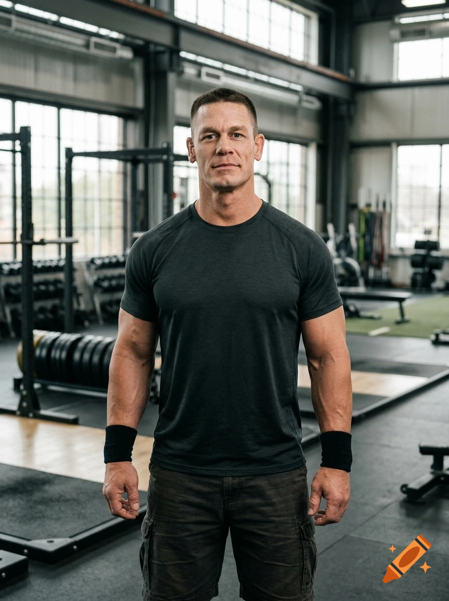 A man standing in a gym, wearing a dark grey t-shirt, dark shorts, and black wristbands.