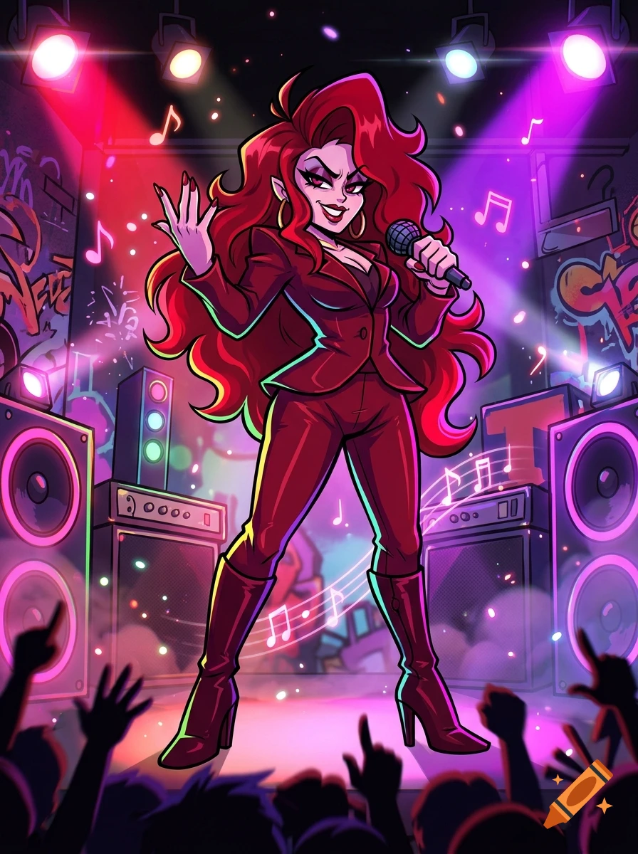 Digital illustration of a stylish red-haired woman holding a microphone on a stage with speakers and cheering crowds in the background.