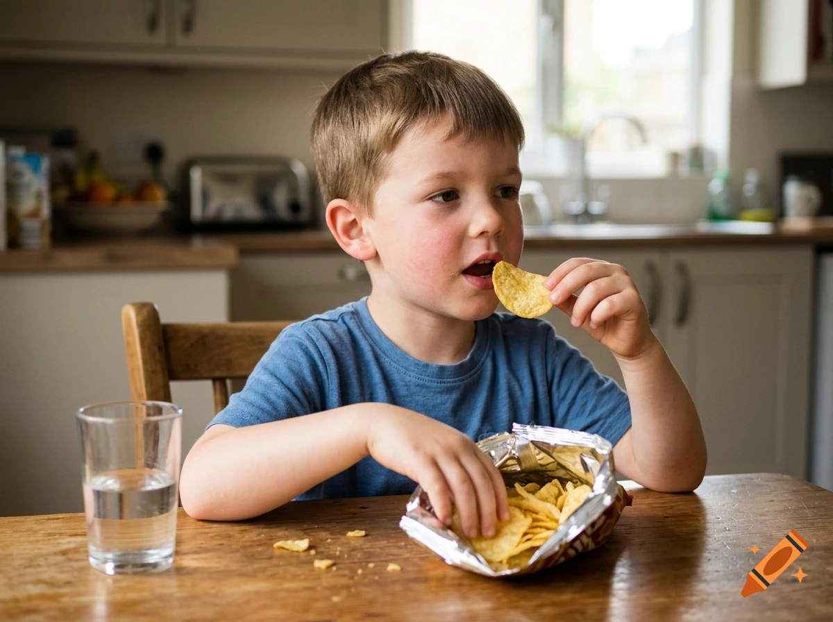 Photorealistic image of a young boy sitting at a wooden table in a kitchen, eating chips from an open bag and drinking water.
