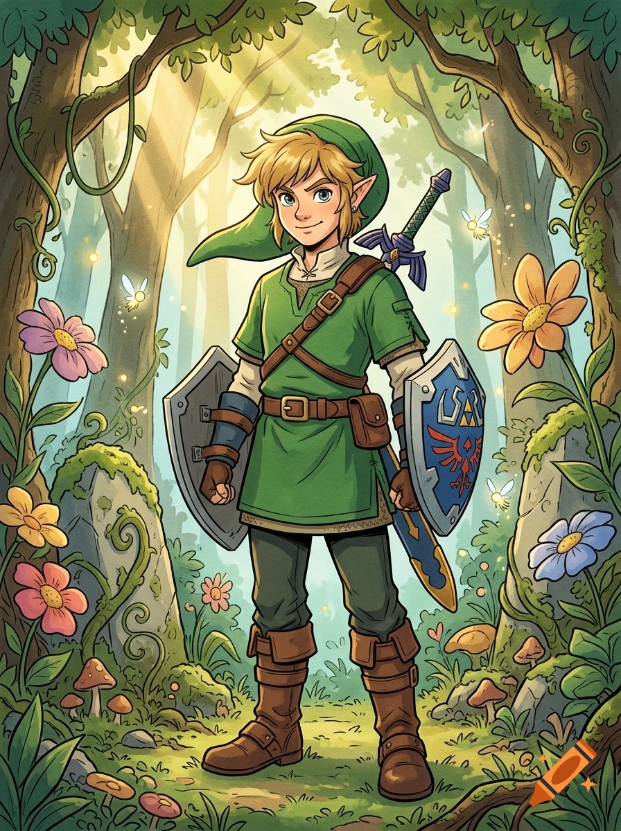 Children's storybook style illustration of Link from The Legend of Zelda standing in a lush, magical forest with flowers and fairies.