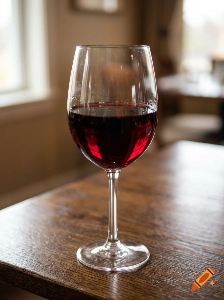 A full glass of red wine sitting on a dark wooden table indoors.