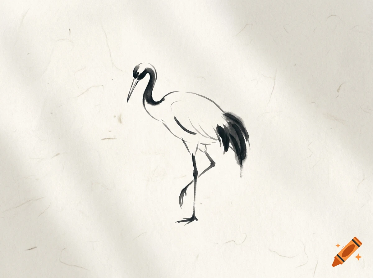 Minimalist sumi-e style ink wash painting of a crane standing on one leg on textured paper background.