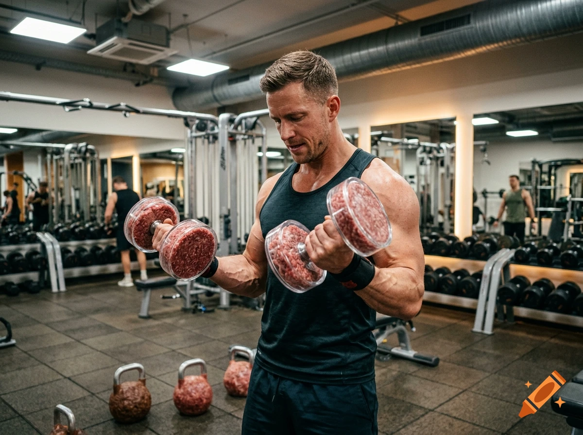 Photorealistic image of a muscular man lifting dumbbells made of raw minced meat inside a modern gym.
